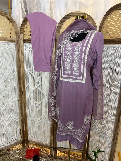 Organza Embroidered Purple Pant Suit